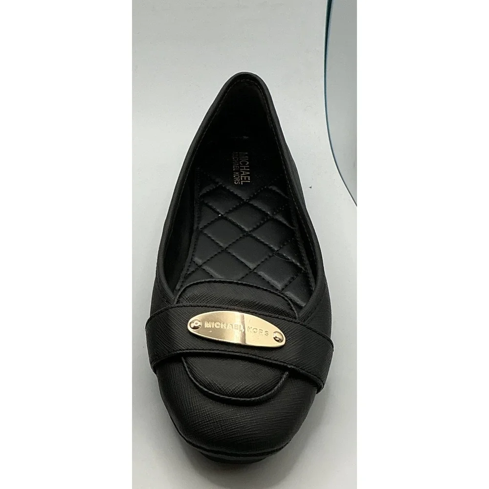 Michael Kors Black Saffiano Quilted Ballet Flats Gold Logo Plaque 7M MV22J